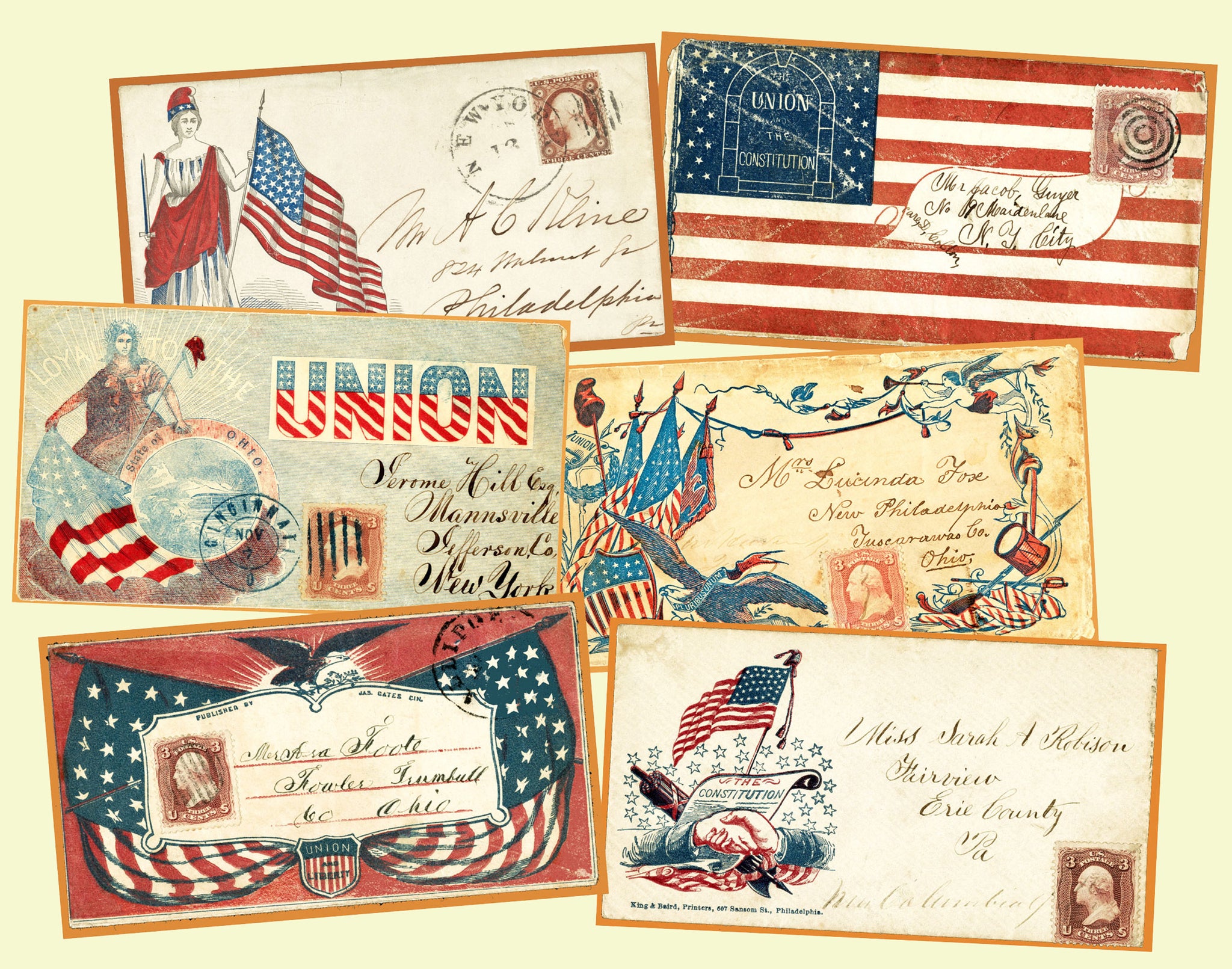 6 Antique Patriotic Envelope Stickers, Civil War Historical Letter Envelopes for Altered Arts, Card & Envelope Making or Decorations, 2P86