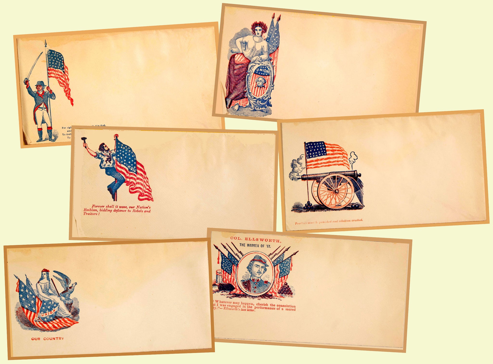 6 Antique Patriotic Envelope Stickers, Civil War Historical Letter Envelopes for Altered Arts, Card & Envelope Making or Decorations, 2P88