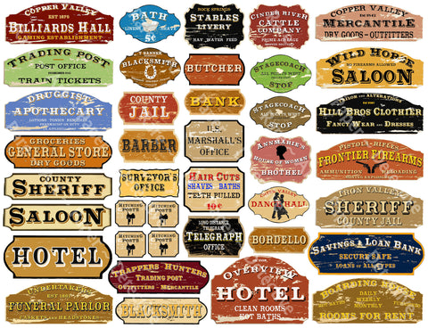 Old Western Frontier Town Signs for Model Railroads, Dollhouse & Dioramas, 8.5" x 11" Sheet, 1278