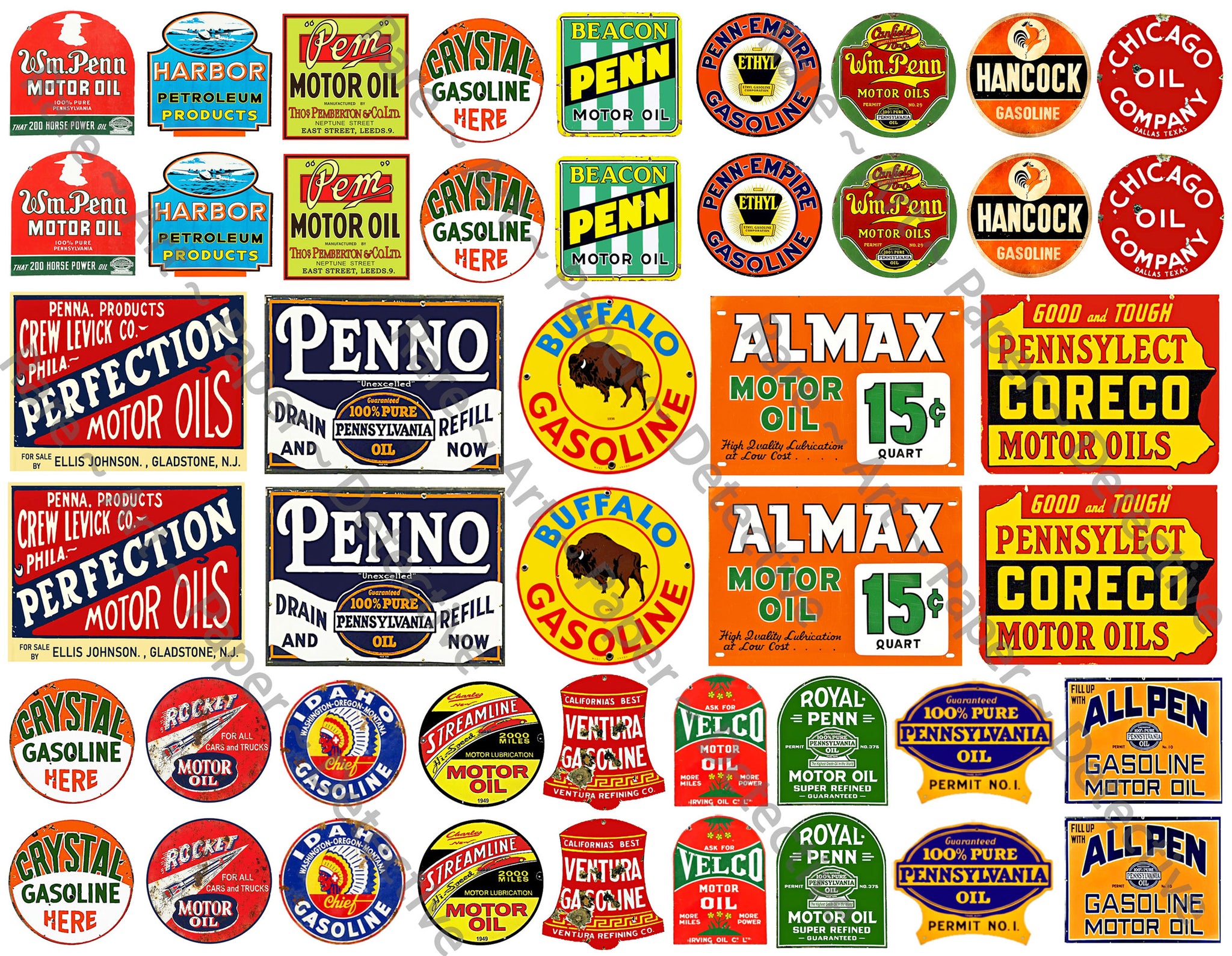 Motor Oil & Gasoline Advertising Sign Illustrations for Model Trains, 46 Signs, 8.5" x 11" Sticker Sheet, 1279