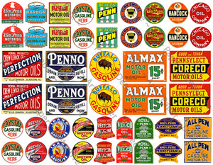 Motor Oil & Gasoline Advertising Sign Illustrations for Model Trains, 46 Signs, 8.5" x 11" Sticker Sheet, 1279