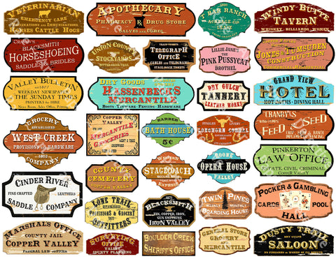 Old West Frontier Town Signs for Model Railroads, Dollhouse & Dioramas, 8.5" x 11" Sheet, 1298