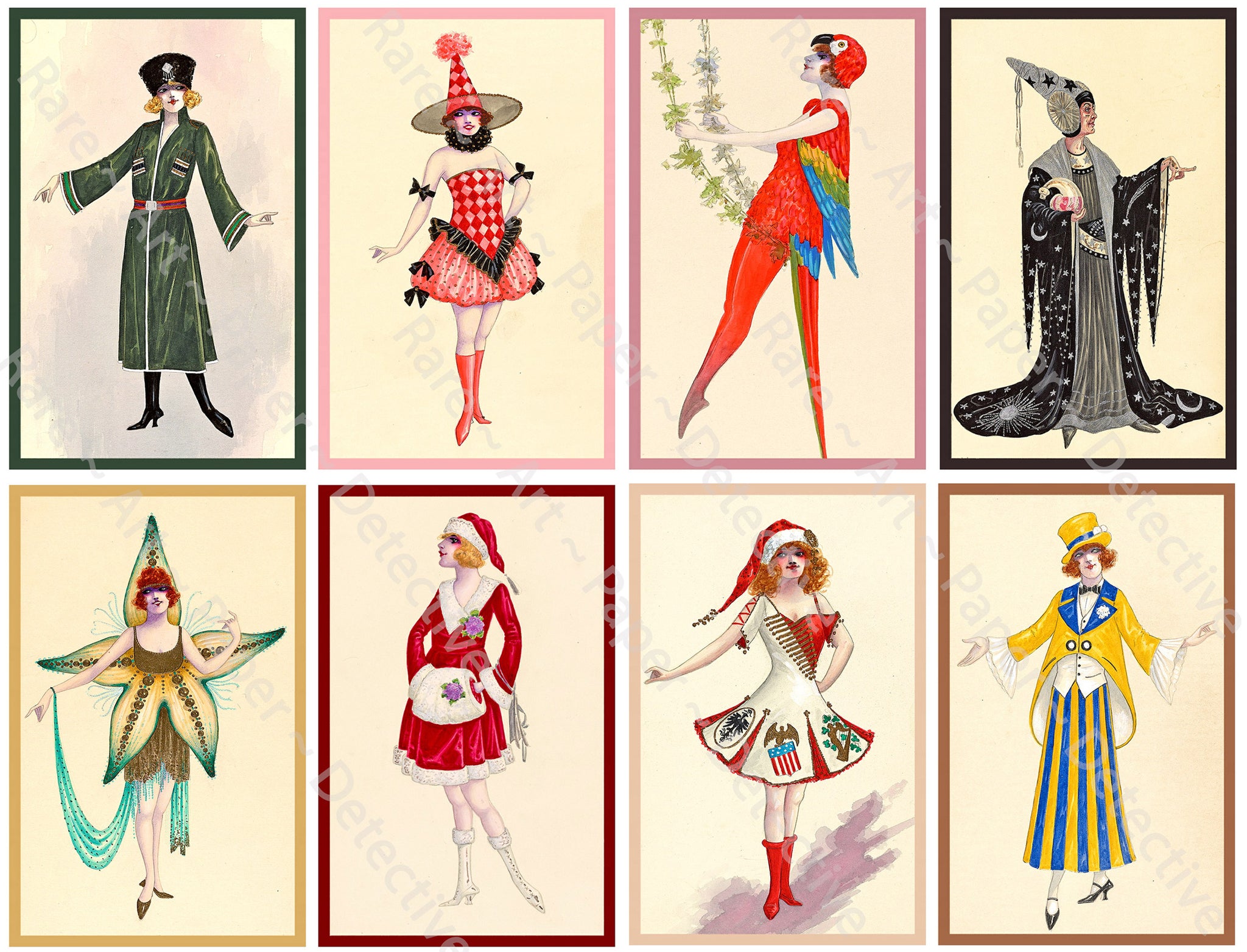 Costume Illustration Stickers Women in Whimsical Outfits Vintage Characters in Fancy Clothes Scrapbook, 4" Tall Stickers, Cut & Peel Sheet, 1327