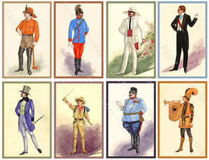 Costume Illustration Stickers Men in Whimsical Outfits Vintage Characters in Fancy Clothes Scrapbook, 4" Tall Stickers, Cut & Peel Sheet, 1329