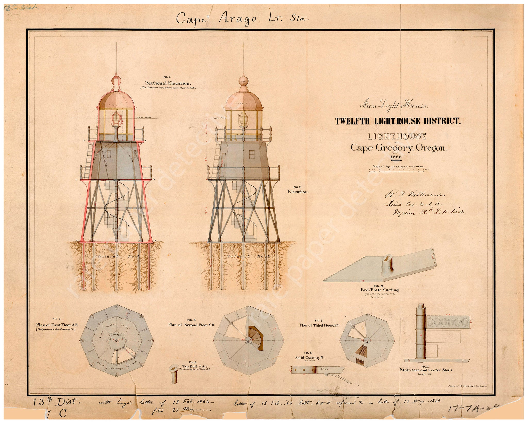 Lighthouse Drawing, 8" x 10" Wall Art, Antique Lighthouse Print, Coastal & Nautical Décor, Light Station Architectural Illustration, 21-57