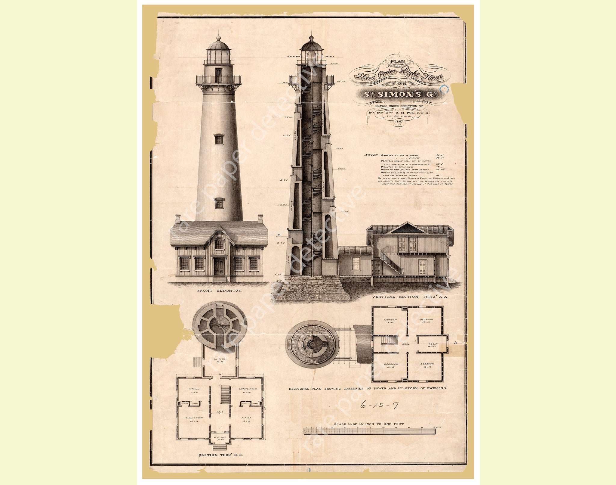 Lighthouse Illustration, 7" x 10" Wall Art, Antique Lighthouse Print, Coastal & Nautical Décor, Light Station Architectural Drawing, 21-61