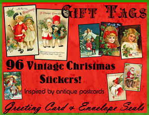 Christmas Greeting Card Stickers, HUGE Set of 96 Envelope Seals on 3 STICKER SHEETS, Old Fashioned Holiday Stickers, Antique Gift Tag, 2P47