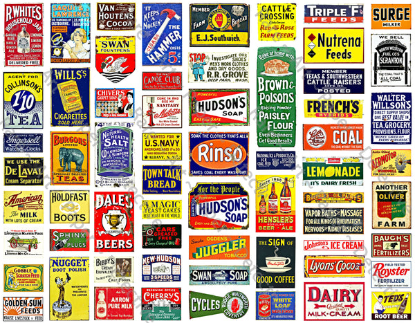 HUGE SET of Dollhouse & Model Railroad Miniature Sign Stickers, 256 Pcs. Set, Diorama Sign Illustrations, 4 Sheets, 8.5" x 11" each, Pack 9