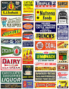 O Scale Model Train & Doll House Miniature Sign Stickers, 34 Pcs. Set, G Gauge Railroad Sign Illustrations, 8.5" x 11" Sheet, #1001