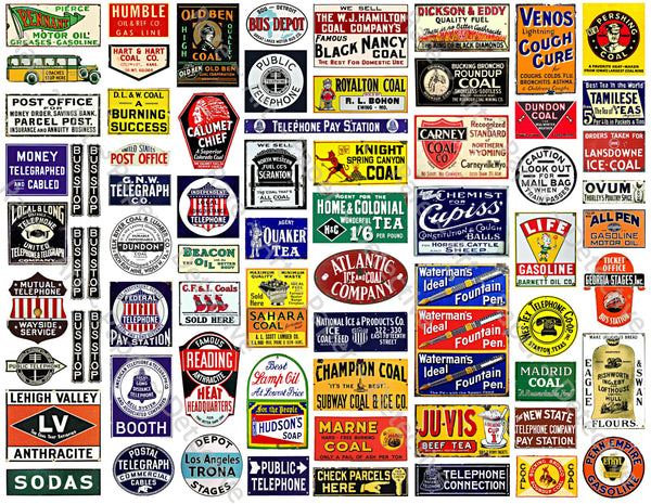 HUGE SET of Dollhouse & Model Railroad Miniature Sign Stickers, 256 Pcs. Set, Diorama Sign Illustrations, 4 Sheets, 8.5" x 11" each, Pack 9
