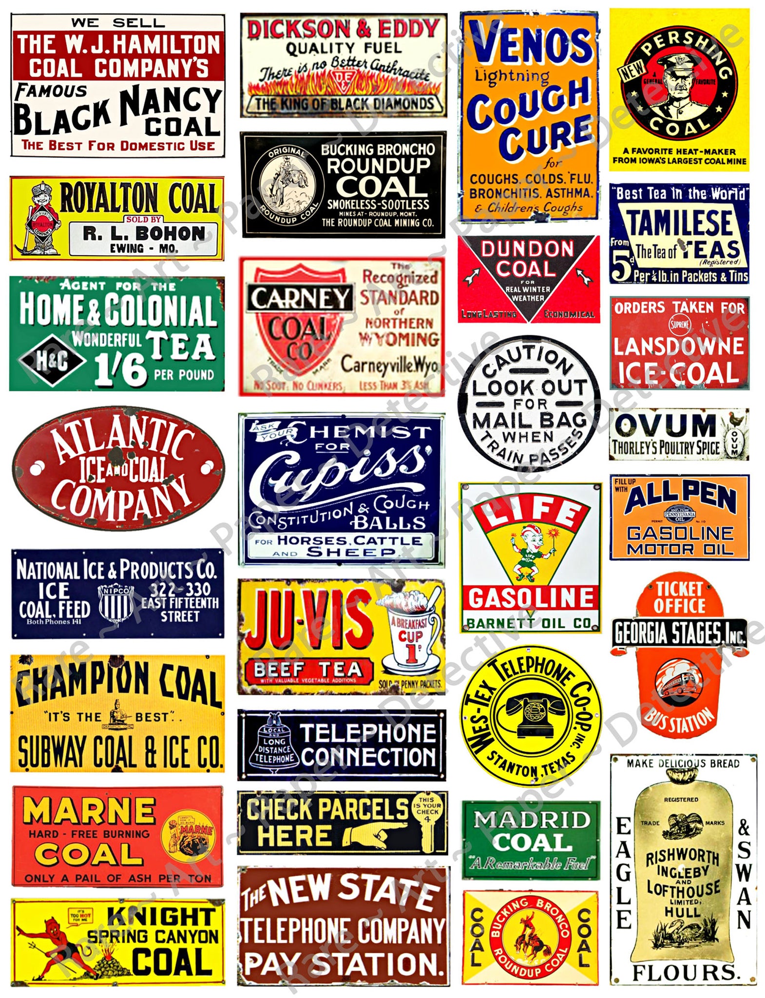 Doll House & Model Railroad Miniature Sign Stickers, 30 Pcs. Set, O Gauge Railroad Sign Illustrations, 8.5" x 11" Sheet, #1005