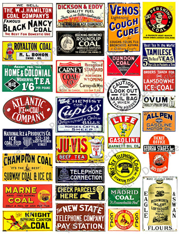 Doll House & Model Railroad Miniature Sign Stickers, 30 Pcs. Set, O Gauge Railroad Sign Illustrations, 8.5" x 11" Sheet, #1005