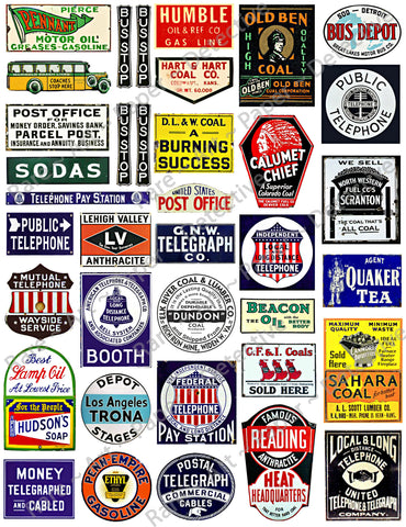 Diorama, Doll House & Model Railroad Miniature Sign Stickers, 37 Pcs. Set, Train Sign Illustrations, 8.5" x 11" Sheet, #1006