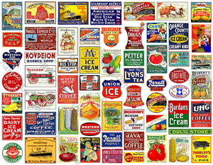 Scale Miniature Sign Stickers for Model Railroads, 61 Pcs. Set, Vintage Advertising Illustrations, 8.5" x 11" Sheet, #1007