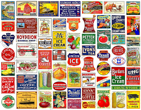 Scale Miniature Sign Stickers for Model Railroads, 61 Pcs. Set, Vintage Advertising Illustrations, 8.5" x 11" Sheet, #1007