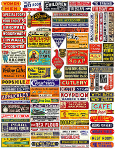 Scale Miniature Sign Stickers for Model Railroads, 85 Pcs. Set, Vintage Advertising Illustrations, 8.5" x 11" Sheet, #1008