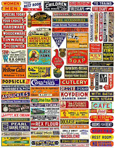 Scale Miniature Sign Stickers for Model Railroads, 85 Pcs. Set, Vintage Advertising Illustrations, 8.5" x 11" Sheet, #1008