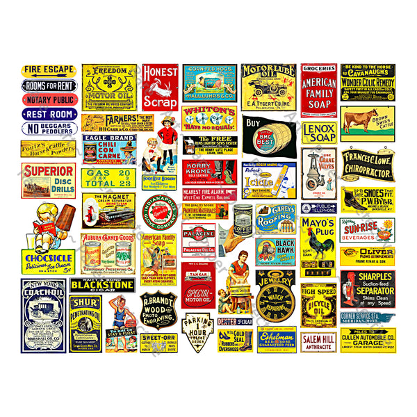 HUGE SET of Dollhouse & Model Railroad Miniature Sign Stickers, 256 Pcs. Set, Diorama Sign Illustrations, 4 Sheets, 8.5" x 11" each, Pack 9