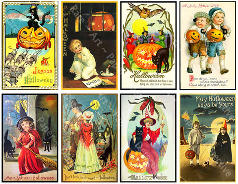 Halloween Décor Stickers, Victorian Halloween Postcard Images & Spooky Clip Art, Black Cats & Pumpkins, Halloween Party Novelty, 1017