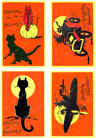 Halloween Card Making Stickers & Décor, 4 Antique Halloween Postcard Images, Halloween Party Novelty, 1022