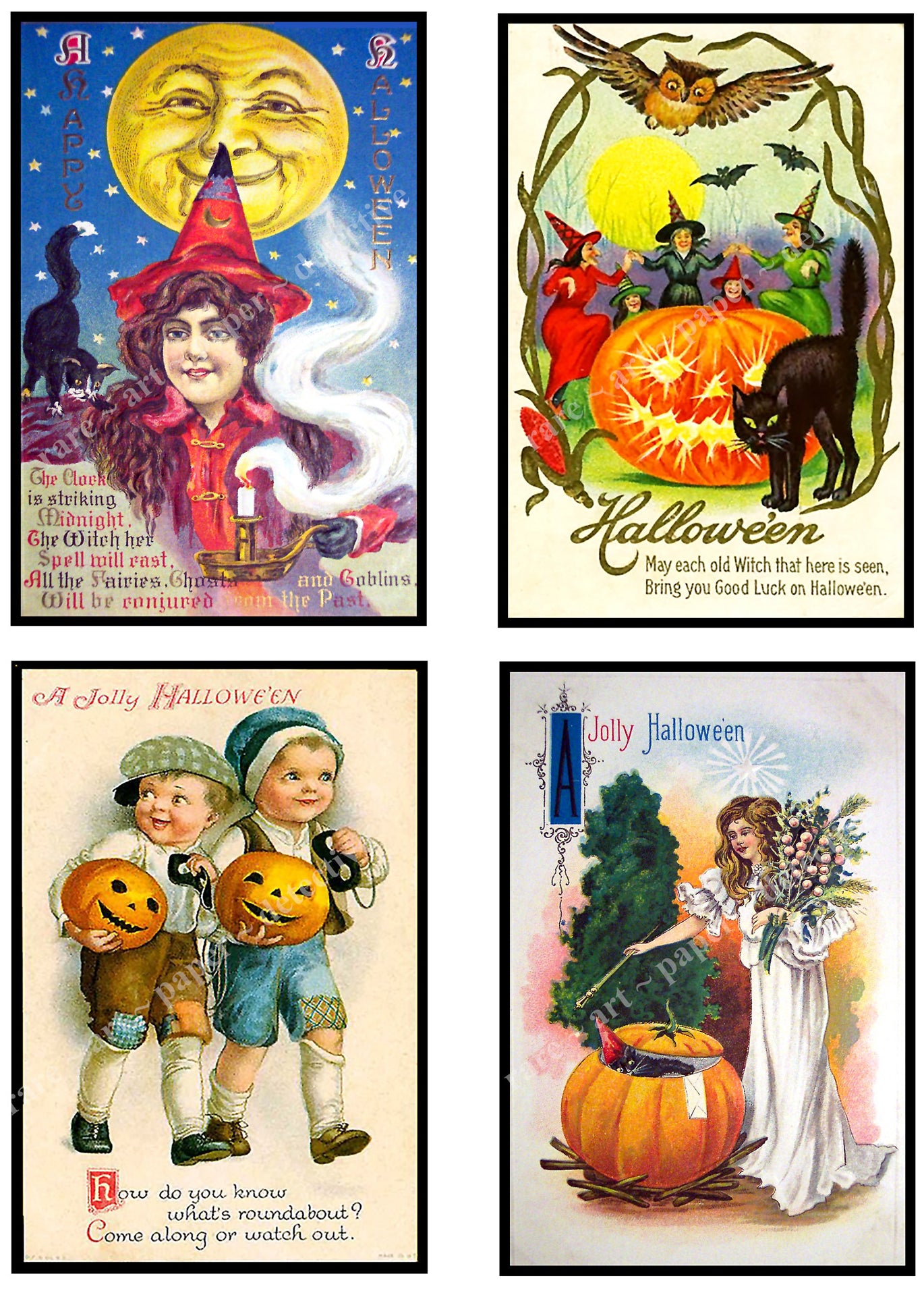 Halloween Card Making Stickers & Décor, 4 Antique Halloween Postcard Images, Halloween Party Novelty, 1023
