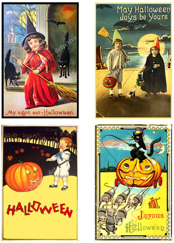 Halloween Card Making Stickers & Décor, 4 Antique Halloween Postcard Images, Halloween Party Novelty, 1024