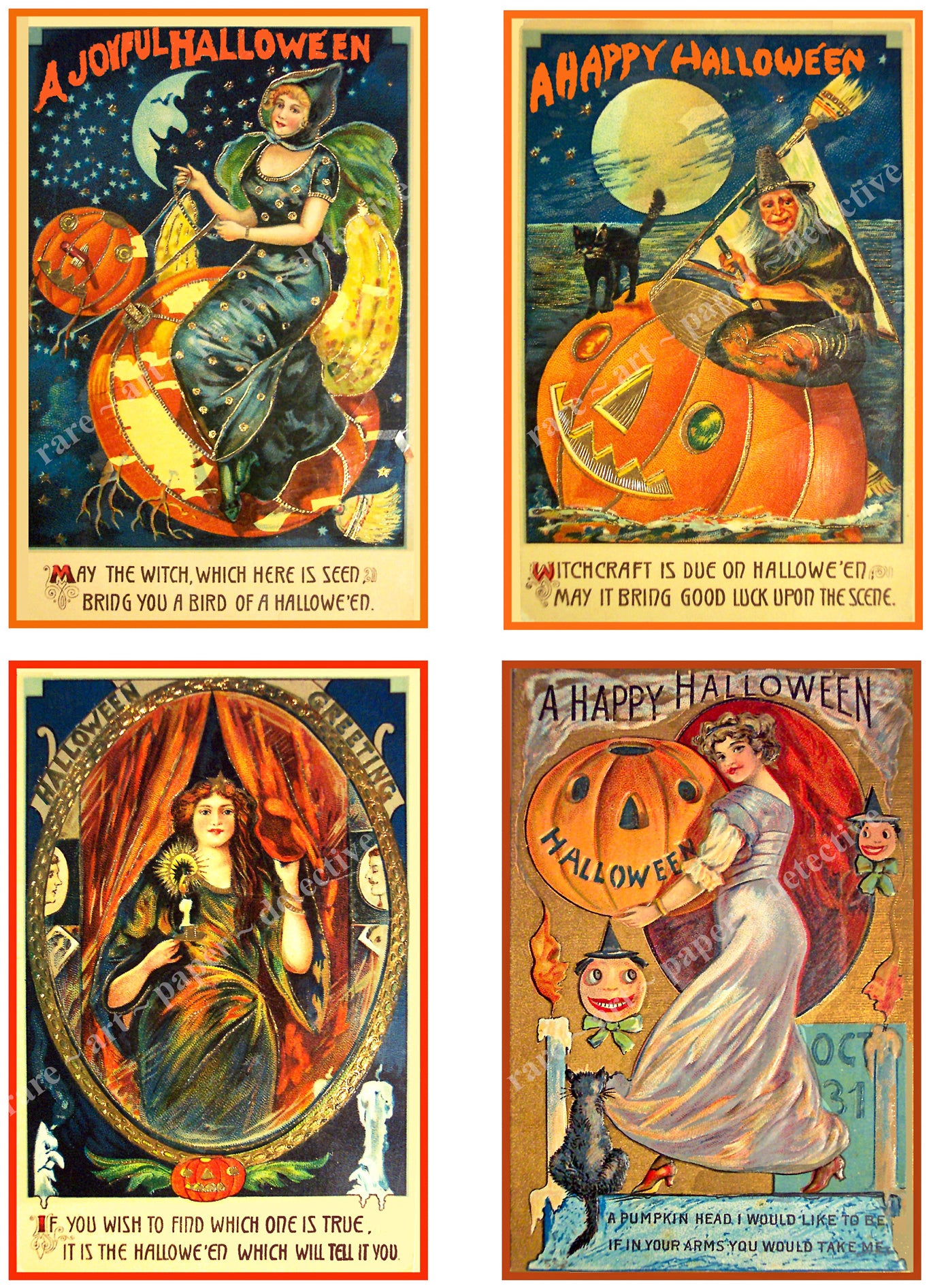 Halloween Card Making Stickers & Décor, 4 Antique Halloween Postcard Images, Halloween Party Novelty, 1025
