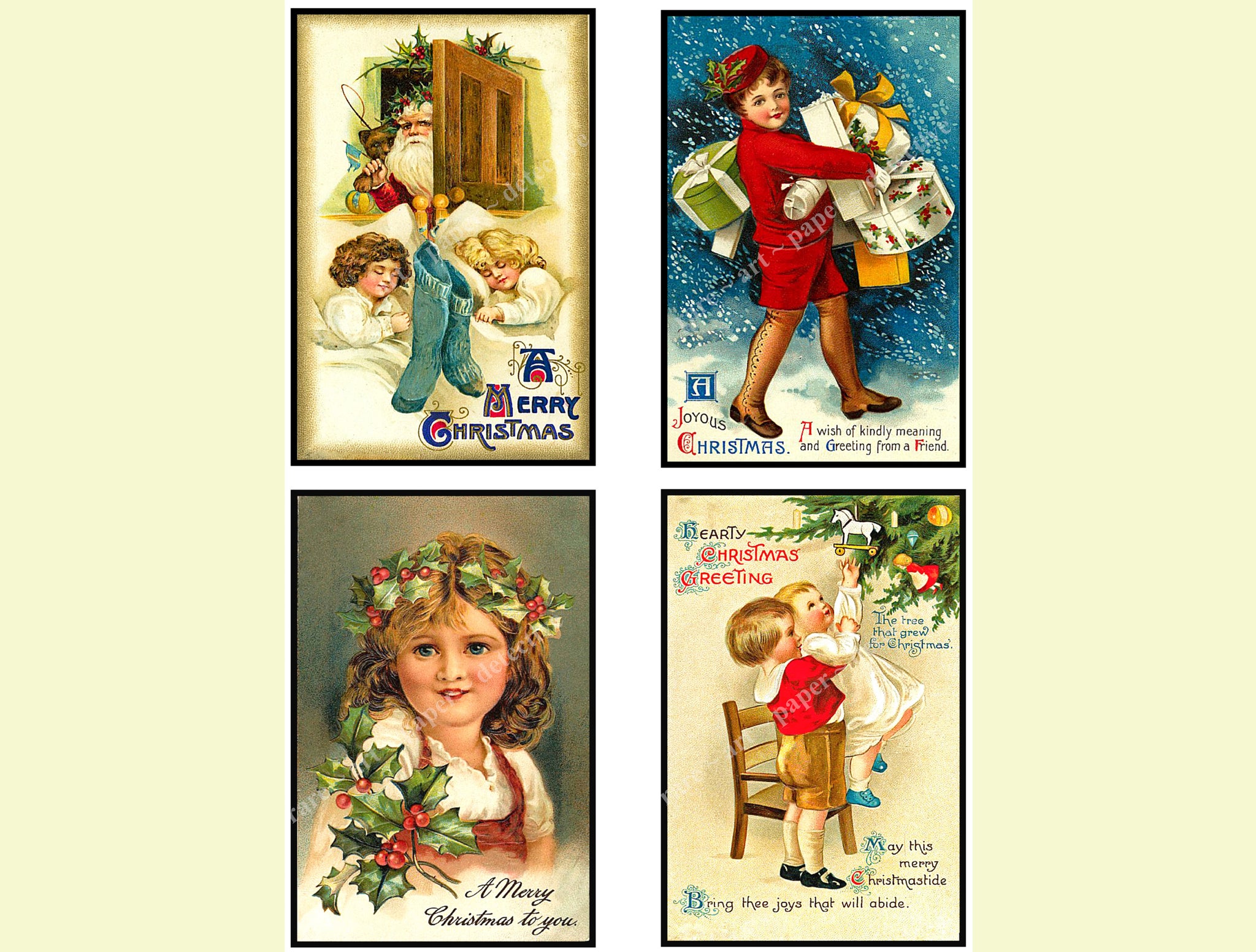 Victorian Christmas Postcard Stickers, 4 Pcs. Set of Old Fashioned Postcard Images, 3.25" x 5" each, 1028