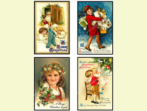 Victorian Christmas Postcard Stickers, 4 Pcs. Set of Old Fashioned Postcard Images, 3.25" x 5" each, 1028