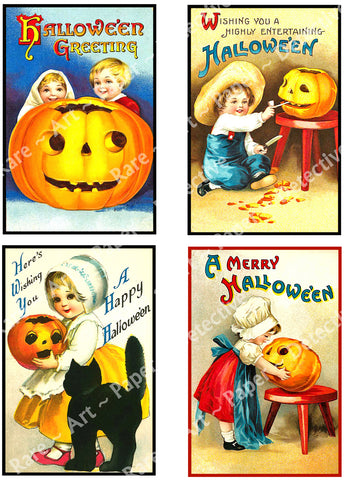 Halloween Card Making Stickers & Décor, 4 Antique Halloween Postcard Images, Halloween Party Novelty, 1030