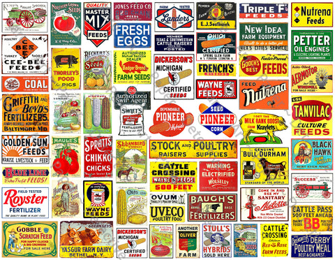 FARM SET, Model Train & Doll House Miniature Sign Stickers, 60 Pcs. Set, Railroad Sign Illustrations, 8.5" x 11" Sheet, #1039