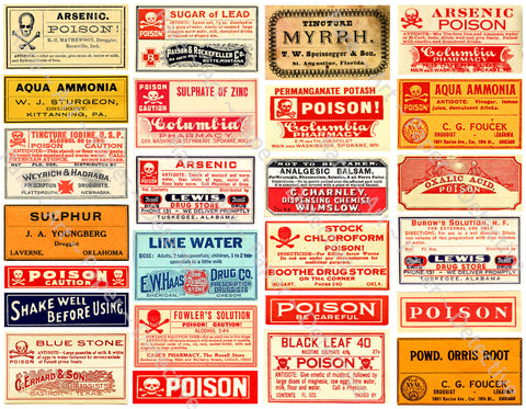 Apothecary Stickers, 25 Bathroom & Halloween Labels, Pharmacy & Druggist Decal Set 1042