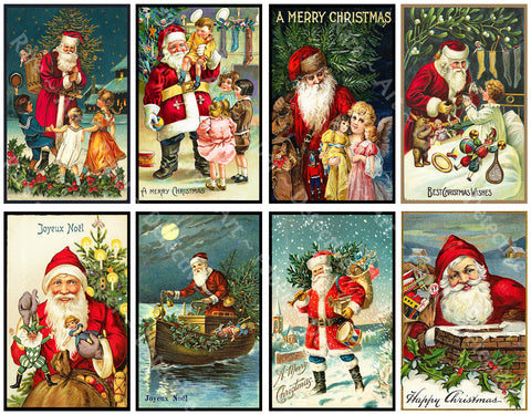Christmas Stickers, 8 Pcs. Deluxe Set of Old Fashioned Postcard Journal Images, 4" x 2.5" each, 1043