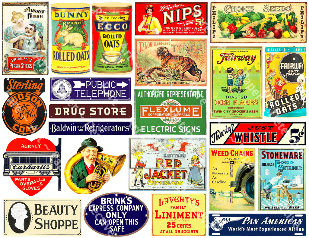 Advertising Sign Sticker MEGA SET of Vintage Advertising Sign Stickers for Model Train & Dollho ...