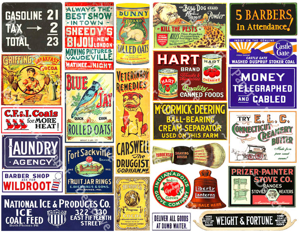 MEGA SET of Vintage Advertising Sign Stickers for Model Train & Dollhouse Miniatures, 92 Pcs. Set, 4 Sheets, 8.5" x 11" each, Pack 27