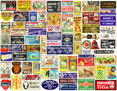 Scale Miniature Sign Stickers for Model Railroads, 72 Pcs. Set, Vintage Advertising Illustrations, 8.5" x 11" Sheet, #1051