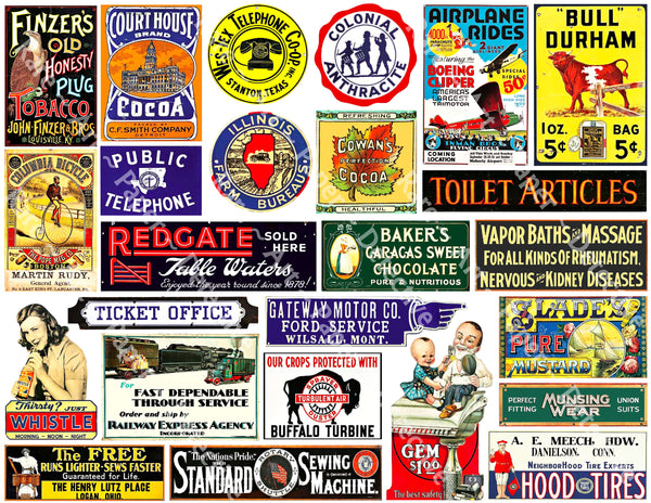 MEGA SET of Vintage Advertising Sign Stickers for Model Train & Dollhouse Miniatures, 92 Pcs. Set, 4 Sheets, 8.5" x 11" each, Pack 27