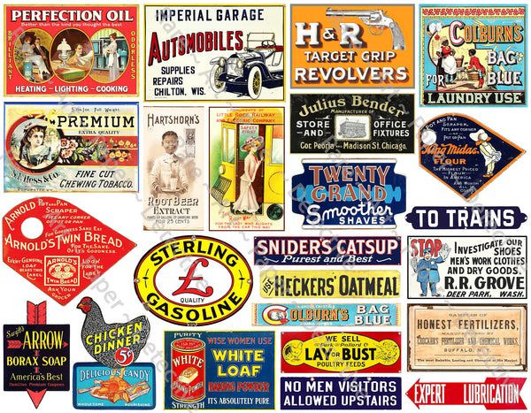 HUGE SET of Vintage Advertising Sign Stickers for Model Train & Dollhouse Miniatures, 92 Pcs. Set, 4 Sheets, 8.5" x 11" each, Pack 26