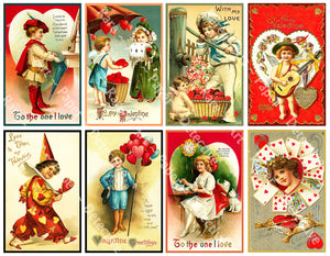 Valentine's Day Stickers, 8 Vintage Style Old Fashioned Postcard Images, 4" x 2.5" each, Romantic Ephemera CUT & PEEL Sheet, 1062
