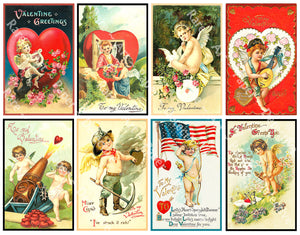 Valentine's Day Stickers, 8 Vintage Style Old Fashioned Postcard Images, 4" x 2.5" each, Romantic Ephemera CUT & PEEL Sheet, 1063