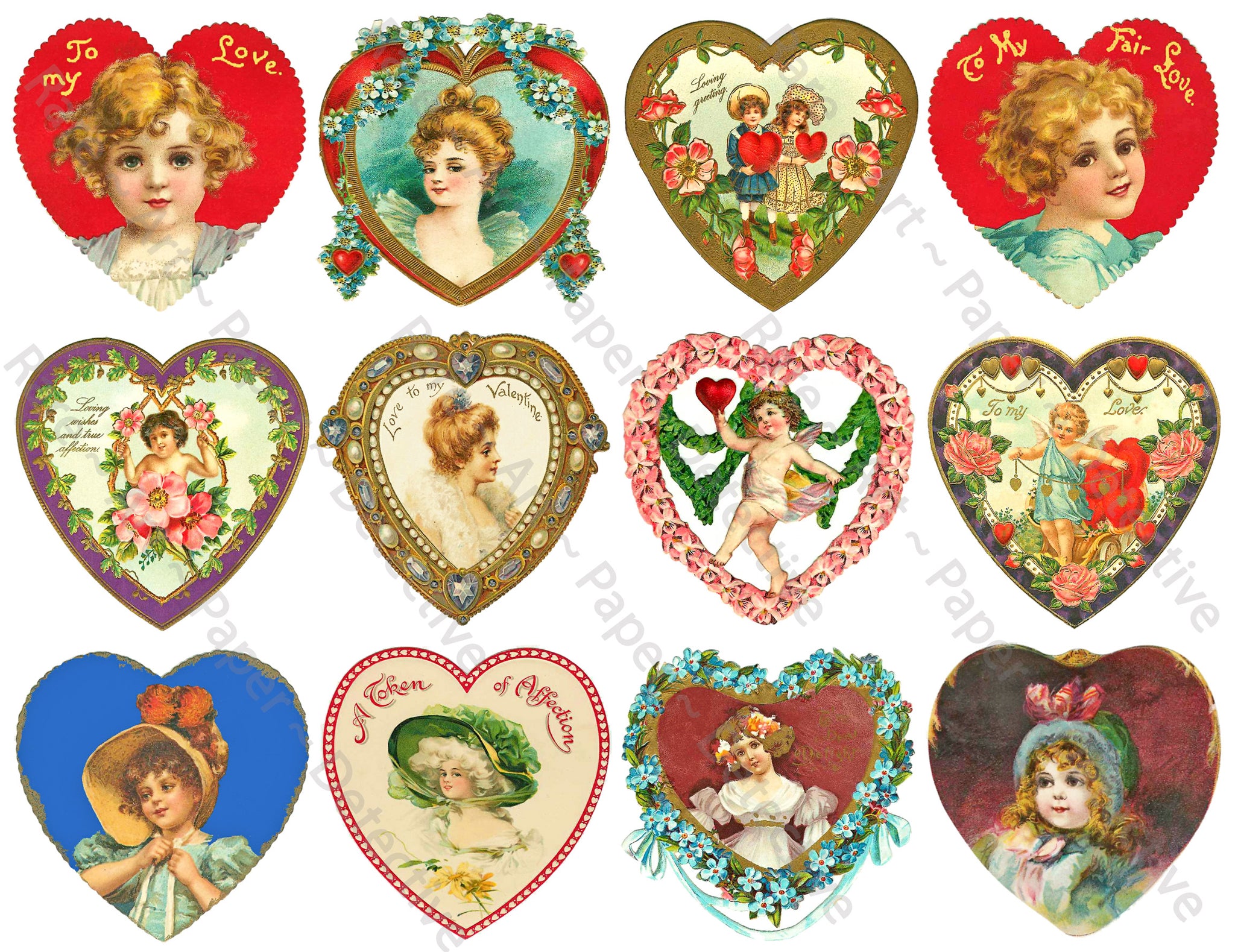 Valentine's Day Hearts, CUT & PEEL Sticker Sheet, Victorian Romantic Valentine Stickers Embellishments, 1064