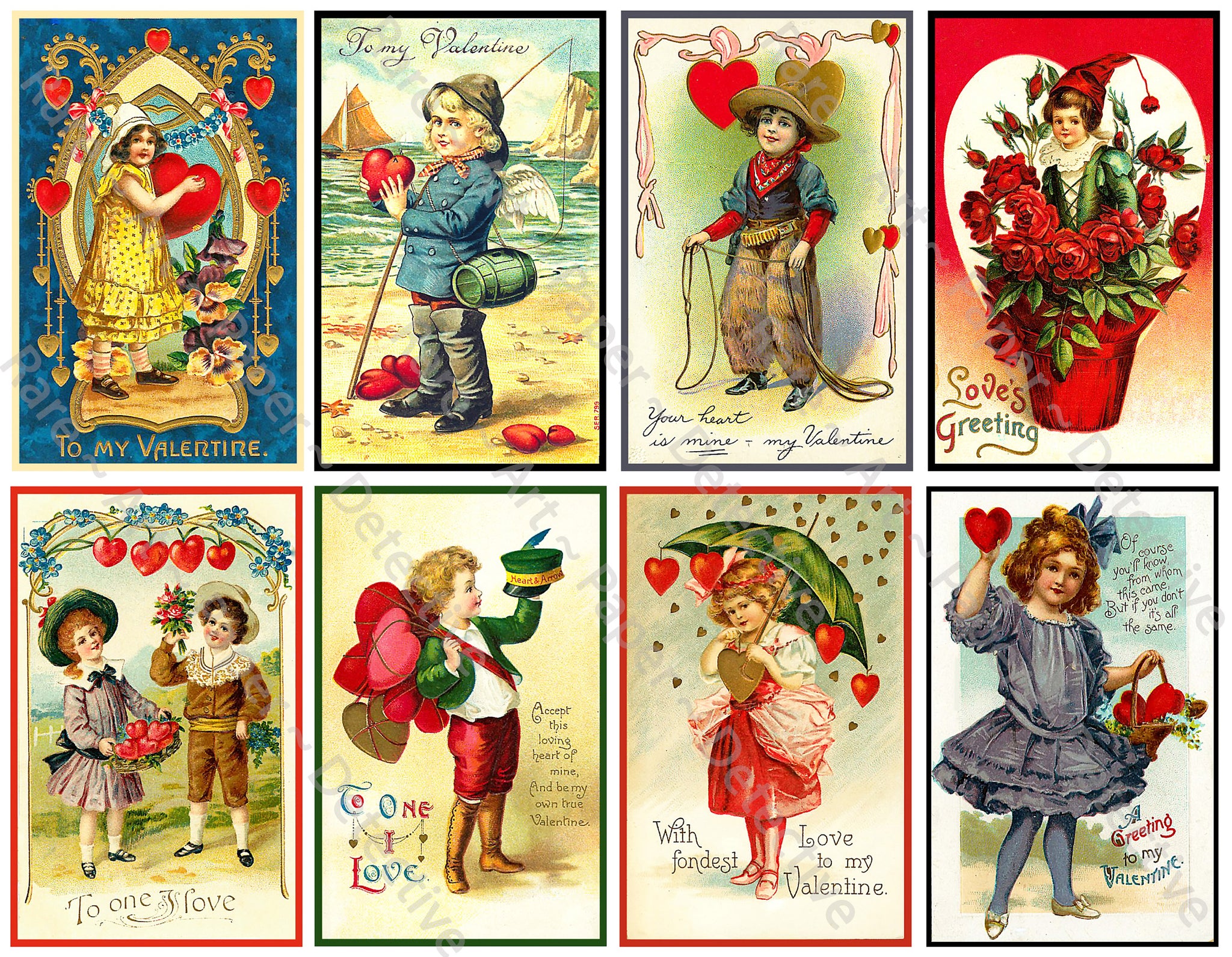 Vintage Valentine's Day Stickers, 8 Vintage Style Old Fashioned Postcard Images, 4" x 2.5" each, Romantic Ephemera CUT & PEEL Sheet, 1067