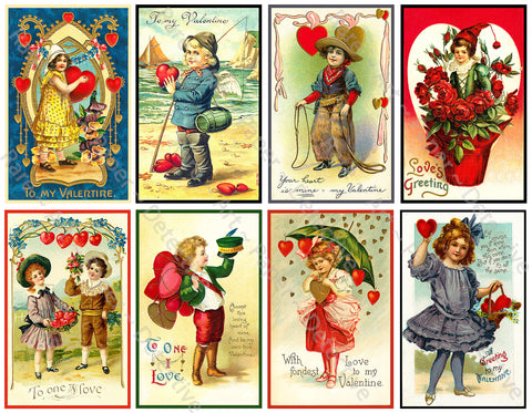 Vintage Valentine's Day Stickers, 8 Vintage Style Old Fashioned Postcard Images, 4" x 2.5" each, Romantic Ephemera CUT & PEEL Sheet, 1067