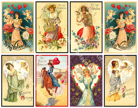 Vintage Valentine's Day Stickers, 8 Vintage Style Old Fashioned Postcard Images, 4" x 2.5" each, Romantic Ephemera CUT & PEEL Sheet, 1068