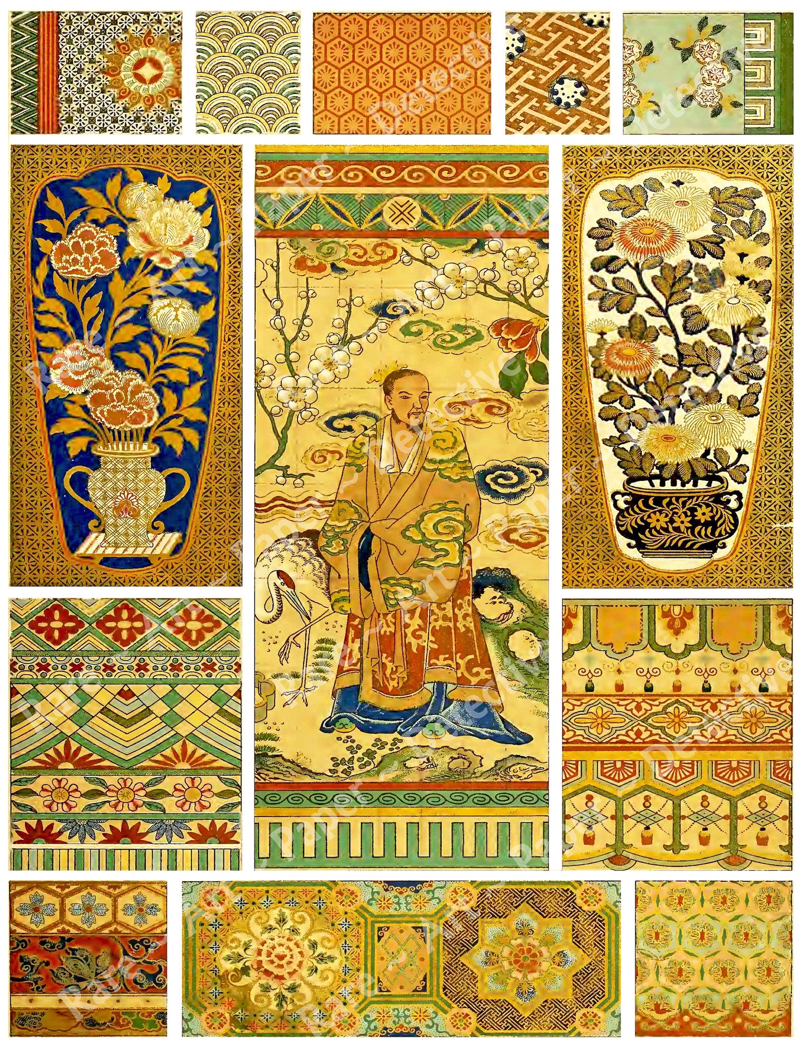 Japanese Graphics & Designs, Sticker Sheet, Junk Journal and Clip Art Collage, Antique Japan Theme Scrapbook, CUT and PEEL Sheet, 1077