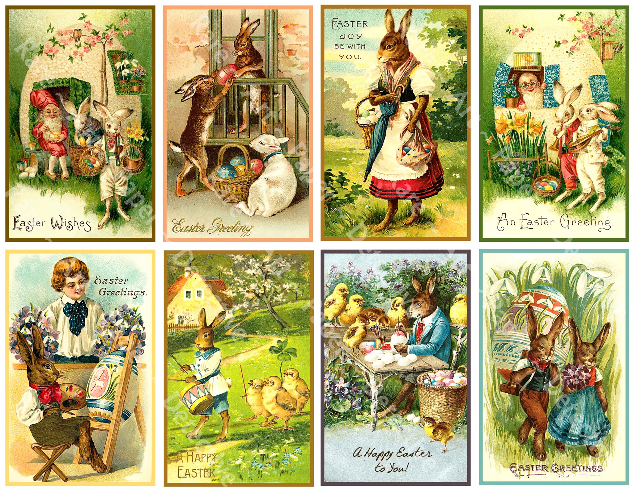 Easter Bunny Stickers, Victorian Era Antique Style Postcard Images, 4" x 2.5" each, CUT & PEEL Sheet, 1082