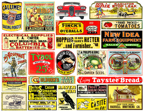 Vintage Advertising Stickers, Dollhouse Signs, Antique Model Railroad Decals, City Scenery, General Store & City Billboard Signs, 1084