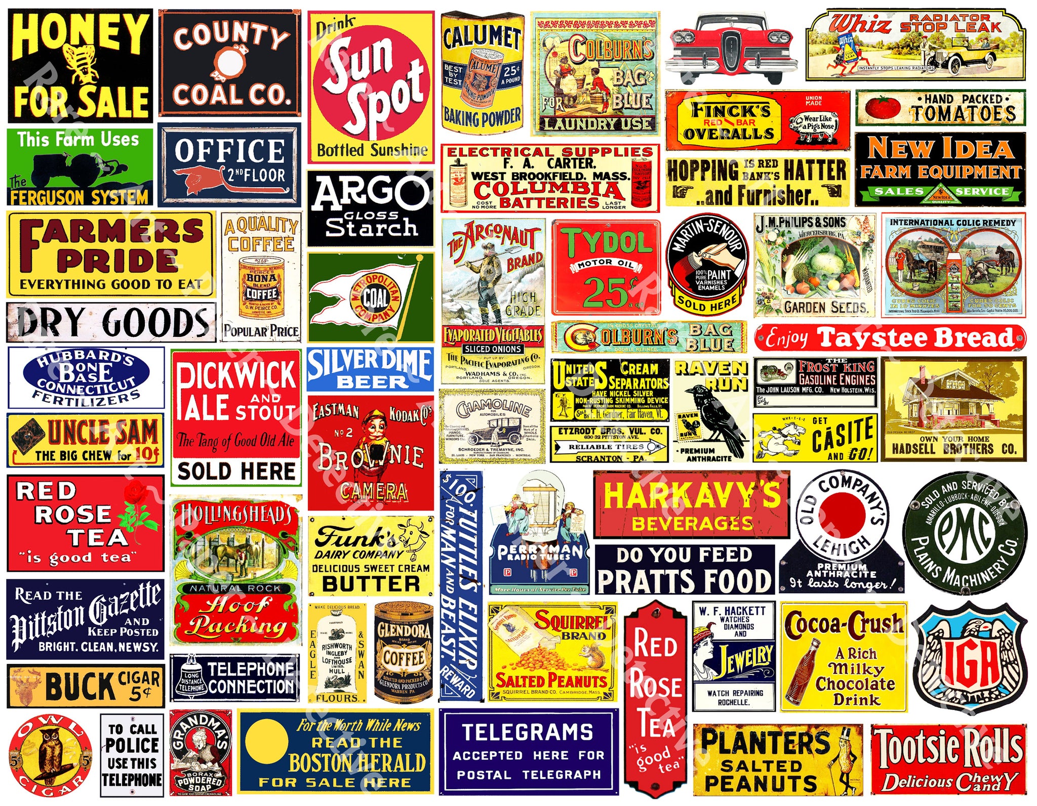 Model Railroad & Dollhouse Signs, Sticker Sheet, 68 Multi Scale Hobby Images, Miniature Vintage Advertising Signs for Train Layouts, #1087