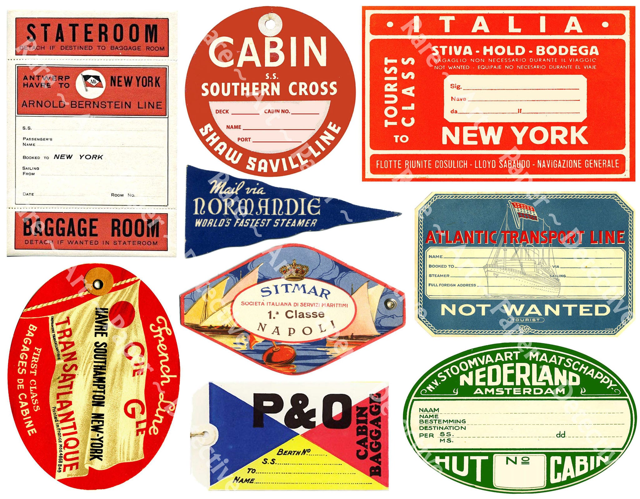 Steamship Luggage Label Sticker Sheet, 9 Travel Stickers from the Golden Age of Travel, 8.5" x 11" Decal Sheet for Suitcases, 1097