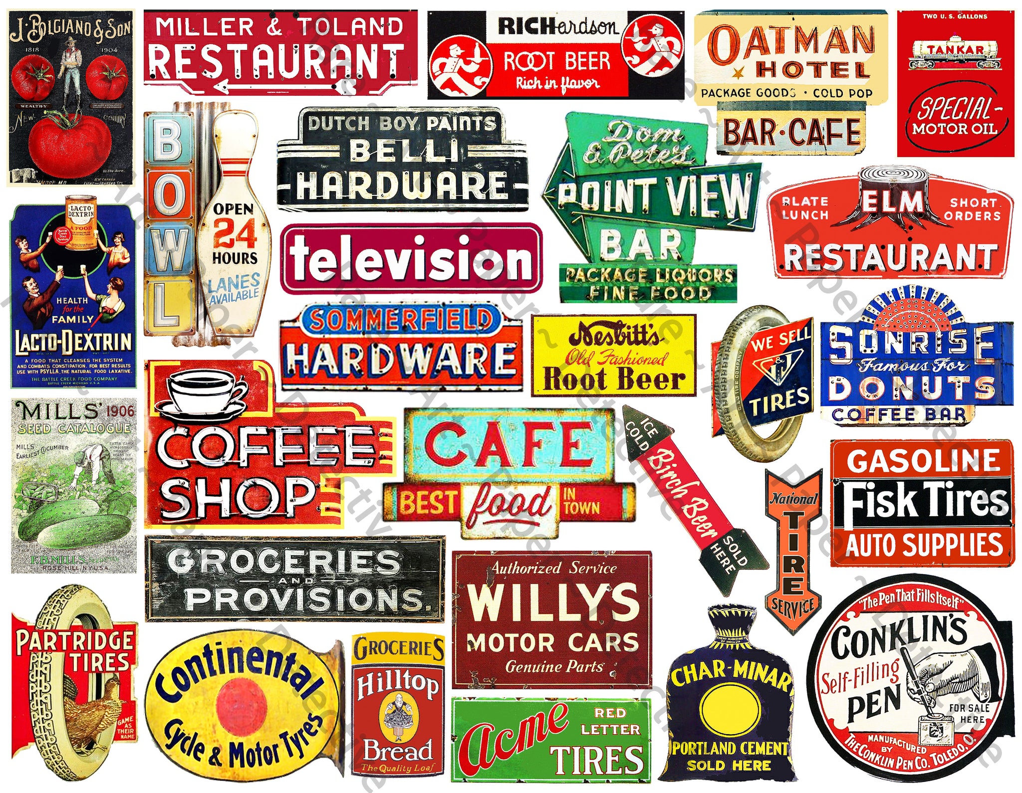 Vintage Style Sign Stickers & General Store Advertising Signs for Dollhouse or Model Railroad Diorama Miniatures, Cut and PEEL Sheet, 1095